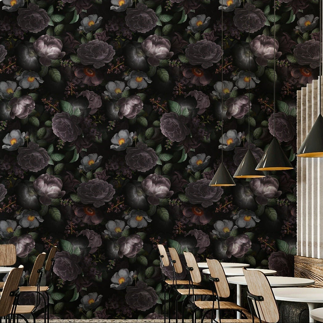 Moody florals on grandmillennial dramatic wallpaper., GD1148