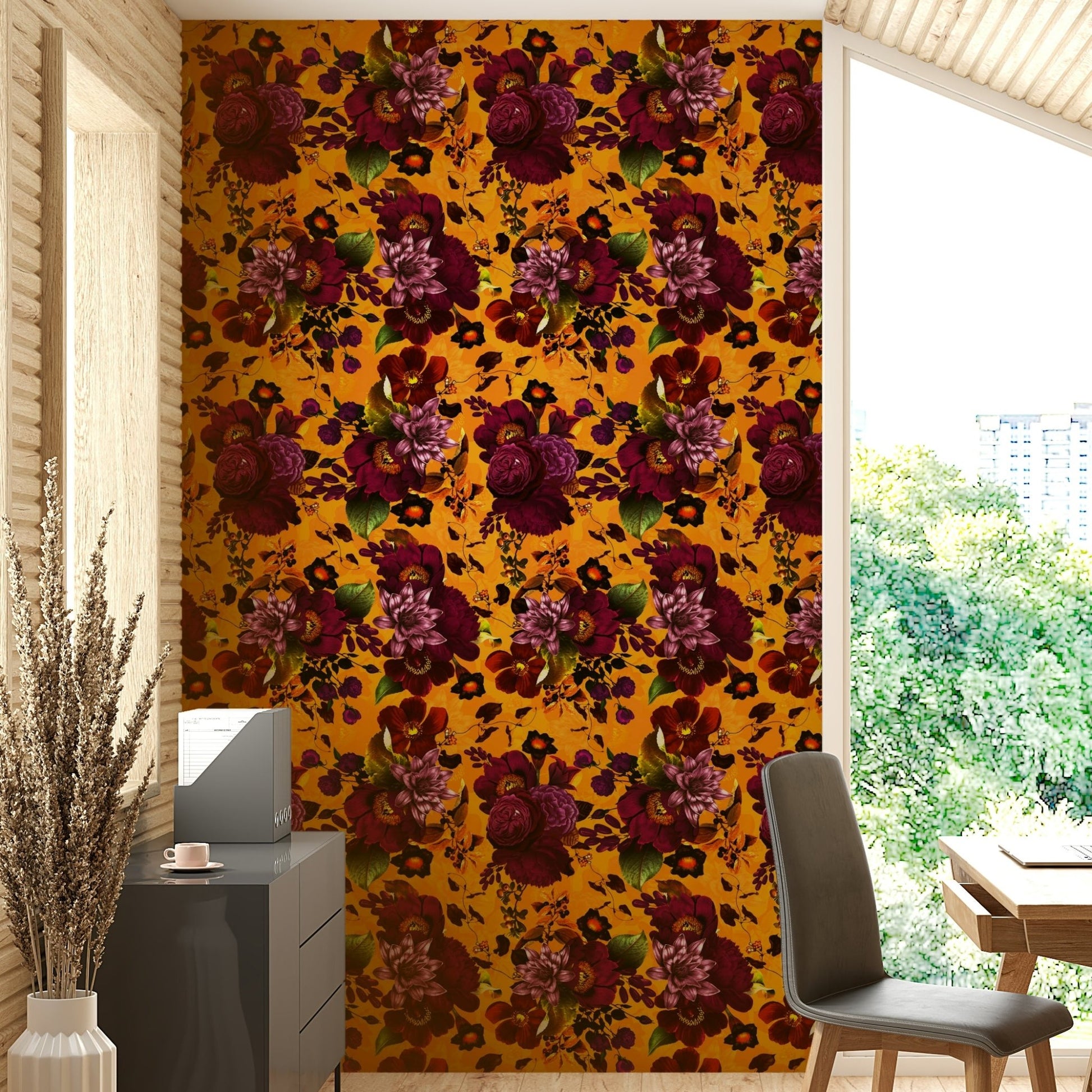 Vintage-inspired heritage floral wallpaper with dark hues

