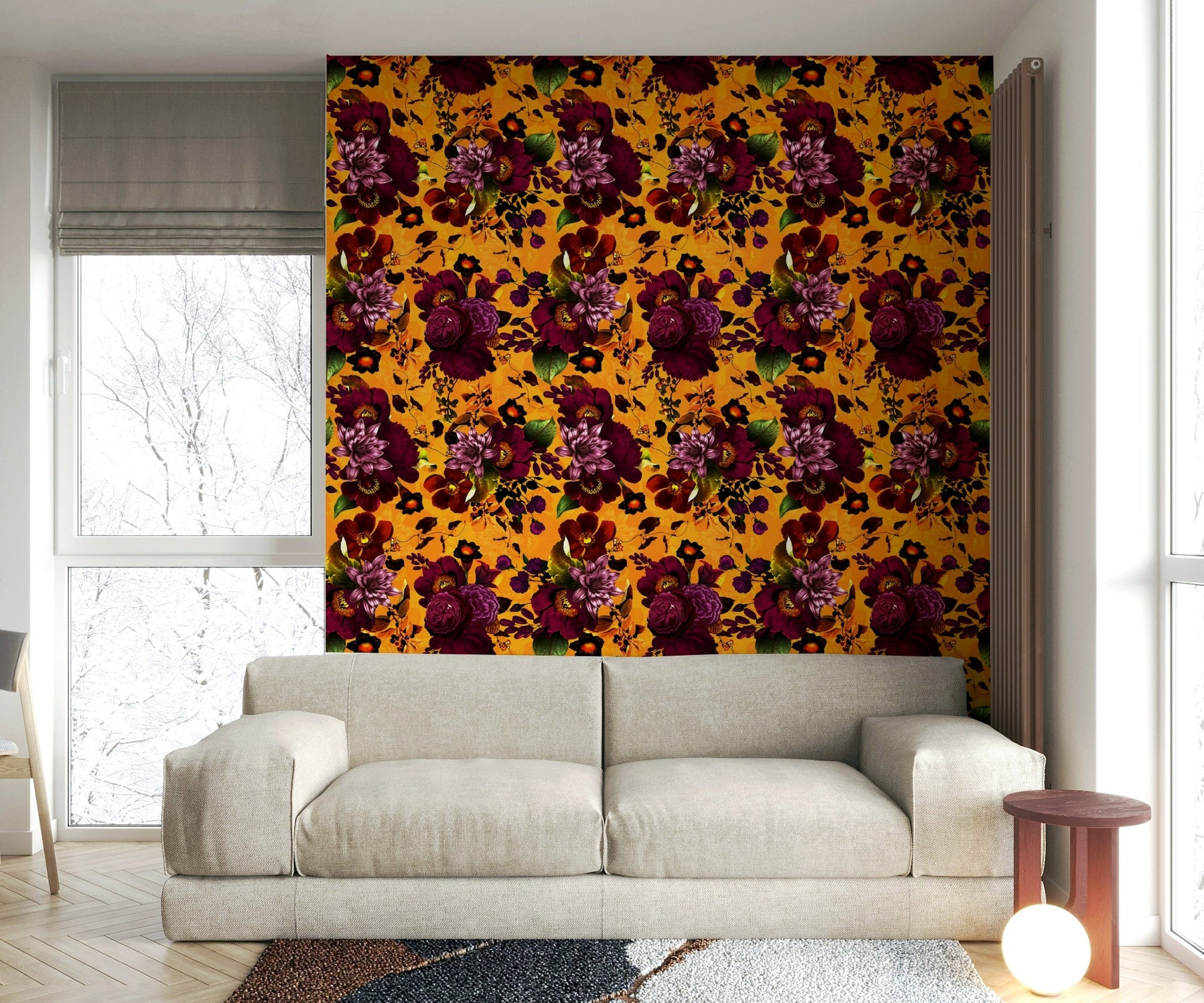 Dark, luxurious floral wallpaper with vintage charm

