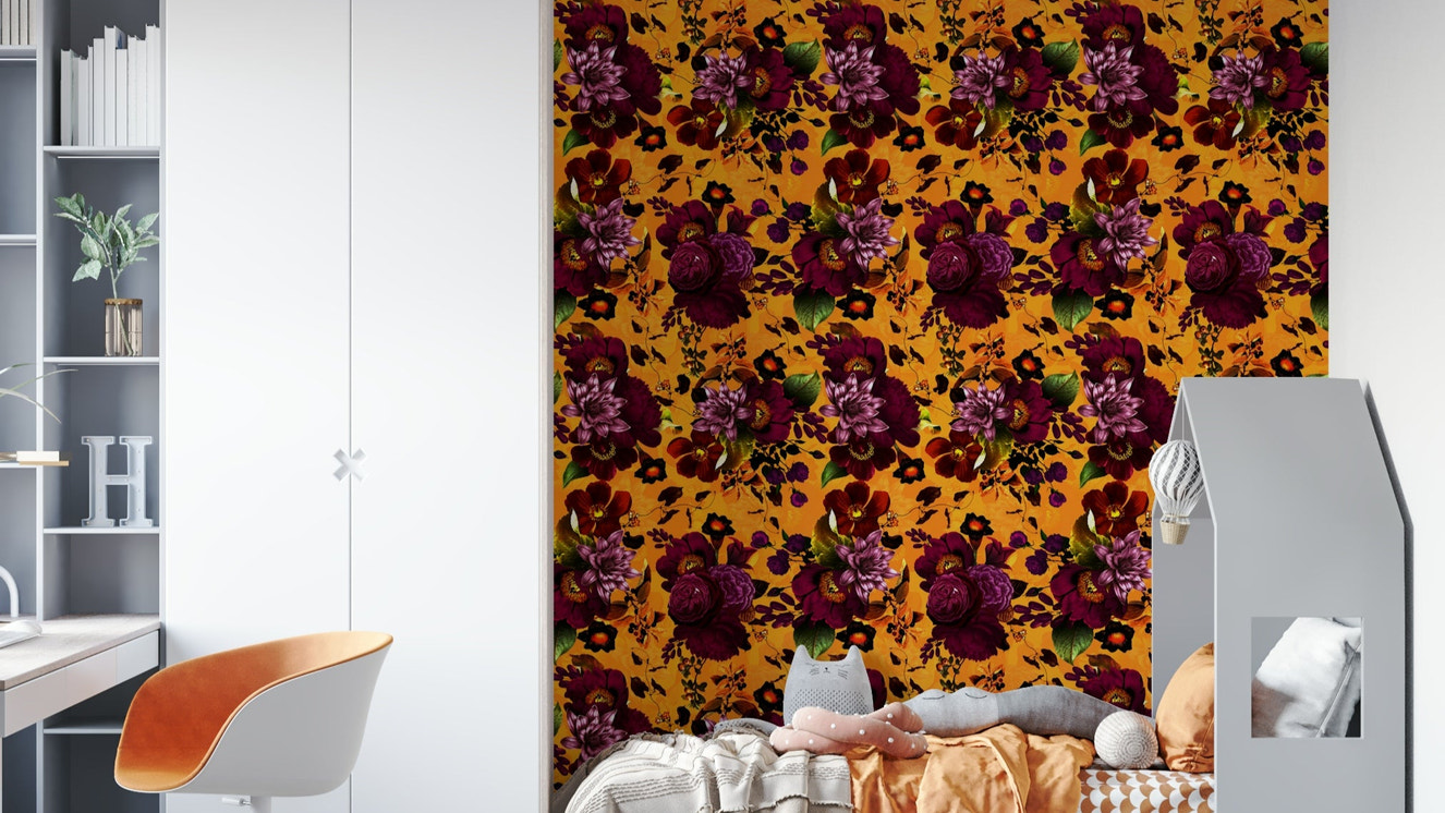 Gothic glamour floral wallpaper with moody undertones

