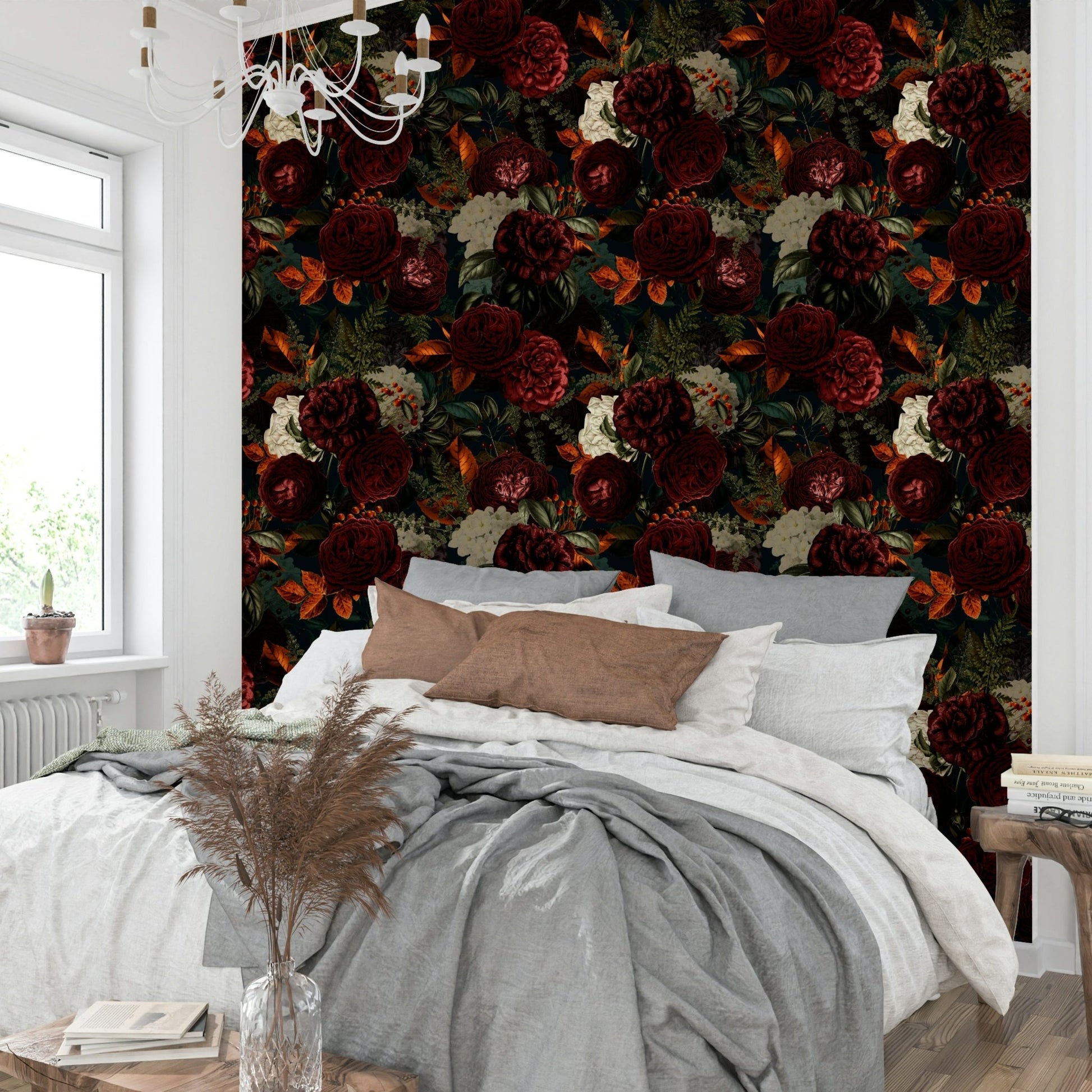 Accent wall with dramatic floral wallpaper

