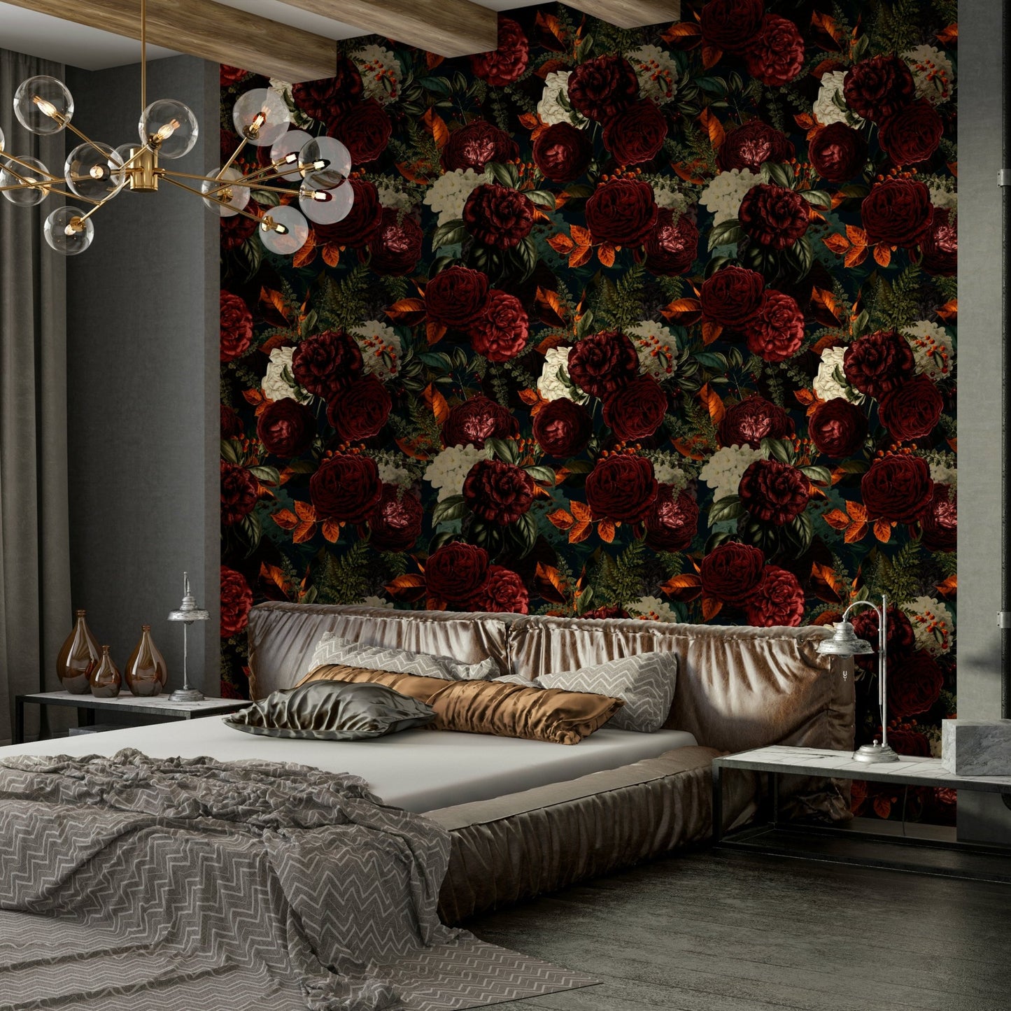 Bedroom decorated with moody floral wallpaper

