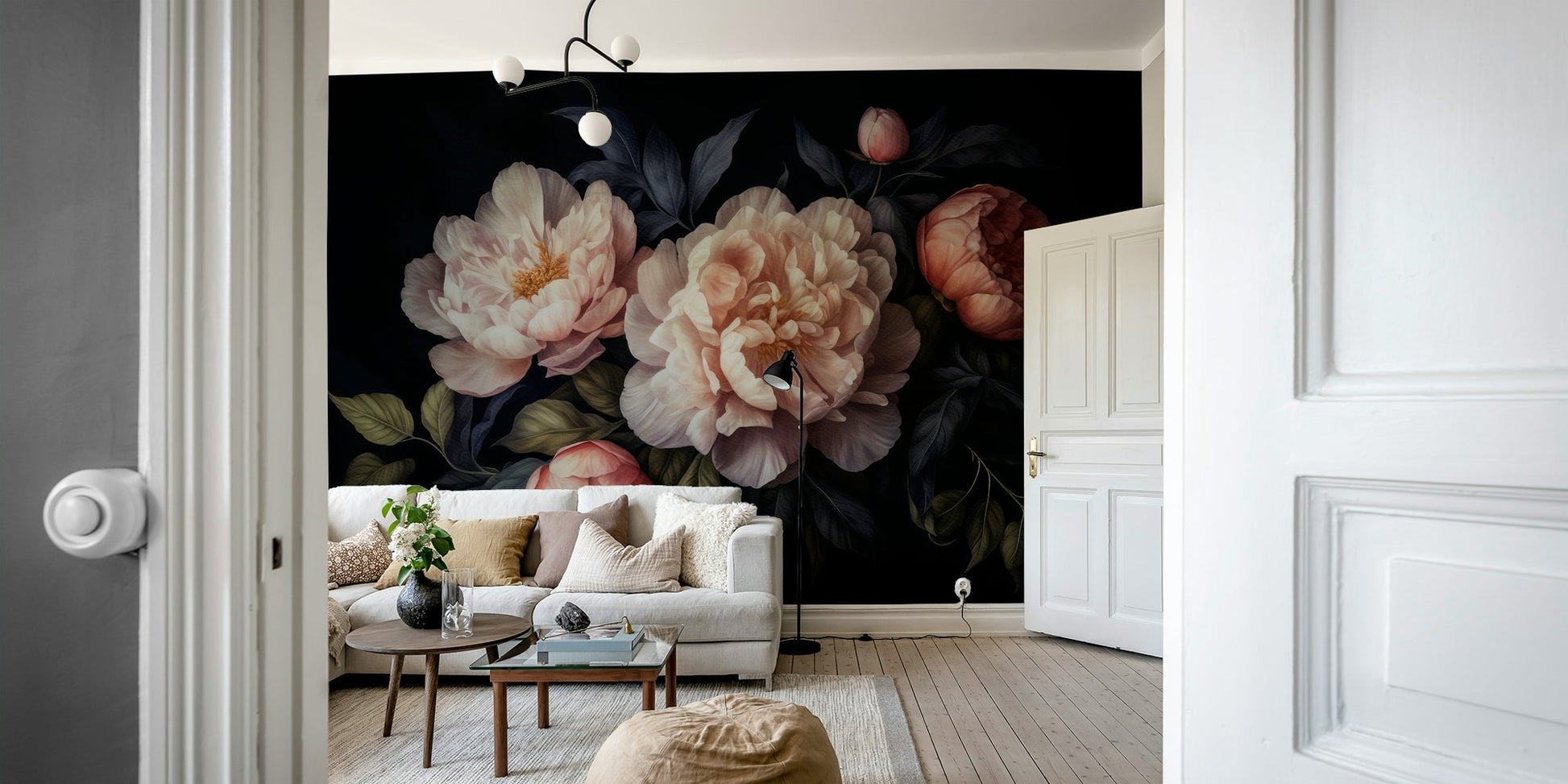 Grandmillennial floral wall mural with dark peonies.


