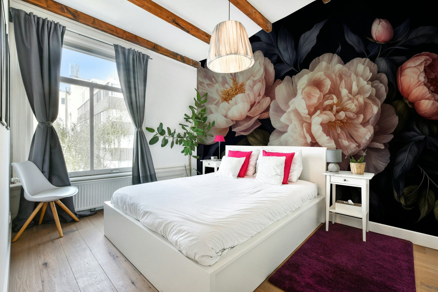 Grandmillennial peony wall mural with dark floral tones.

