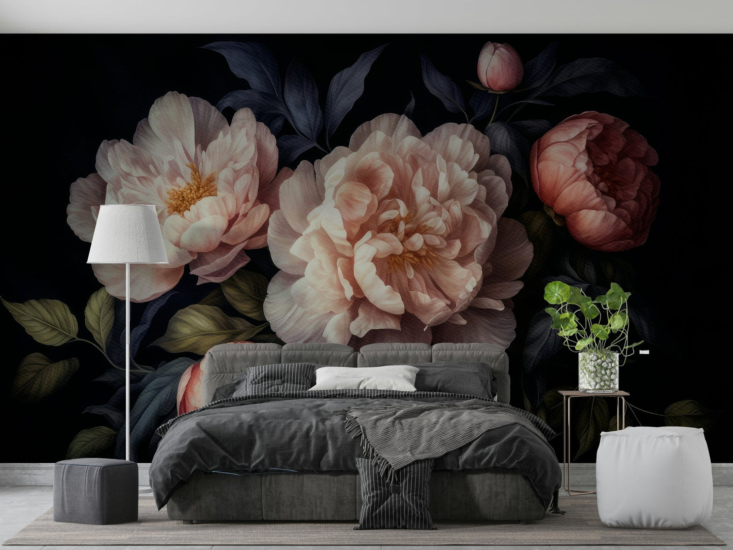 Peony floral wall mural with dramatic grandmillennial flair.

