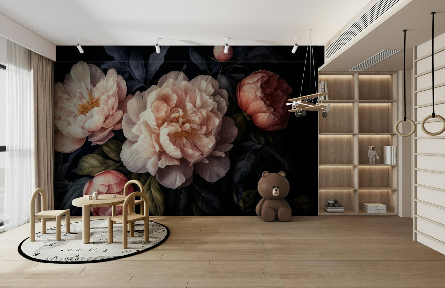 Gothic dark peony wallpaper mural for dramatic interiors.

