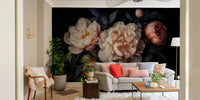 Dark peony heritage mural for gothic home decor.


