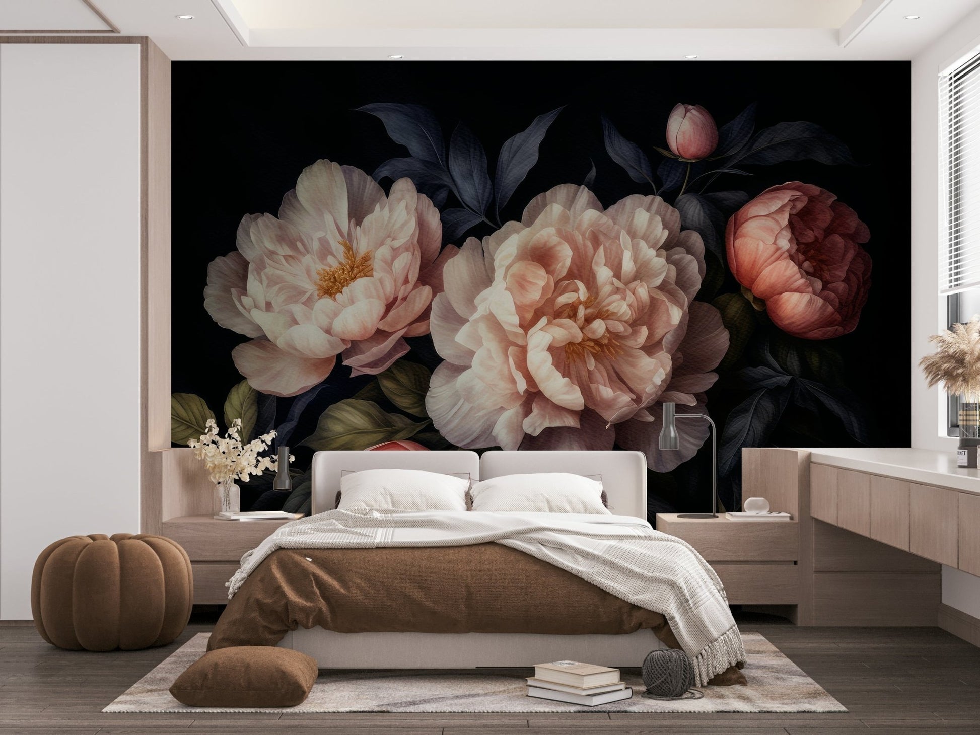 Grandmillennial dark peony floral mural for bold walls.

