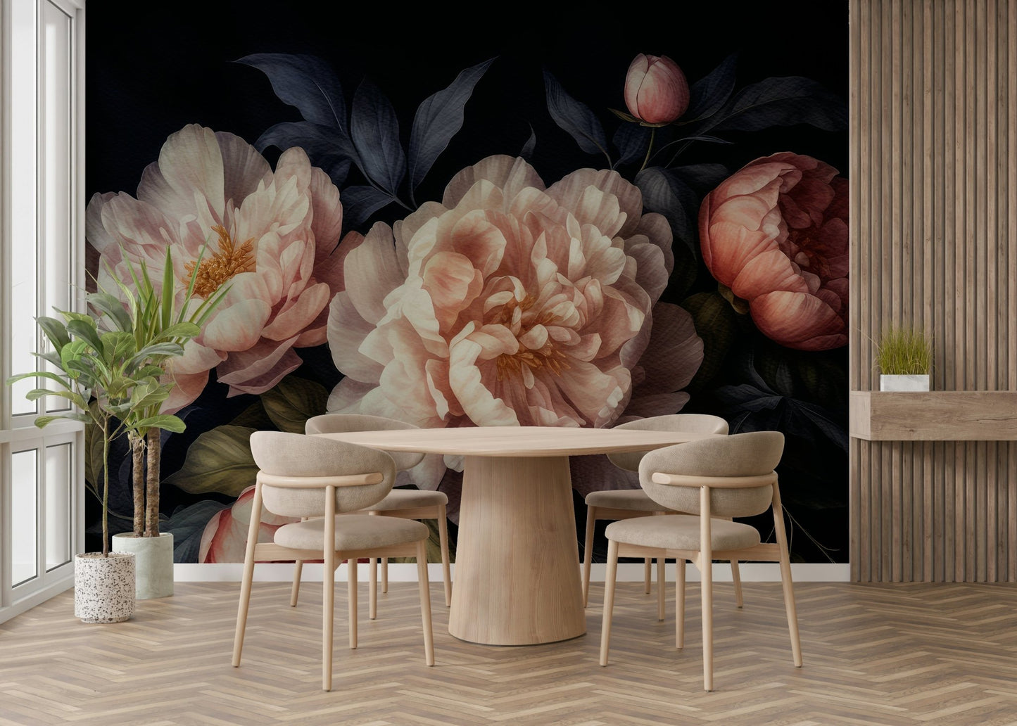 Heritage-inspired floral wall mural in deep tones.

