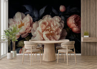 Heritage-inspired floral wall mural in deep tones.

