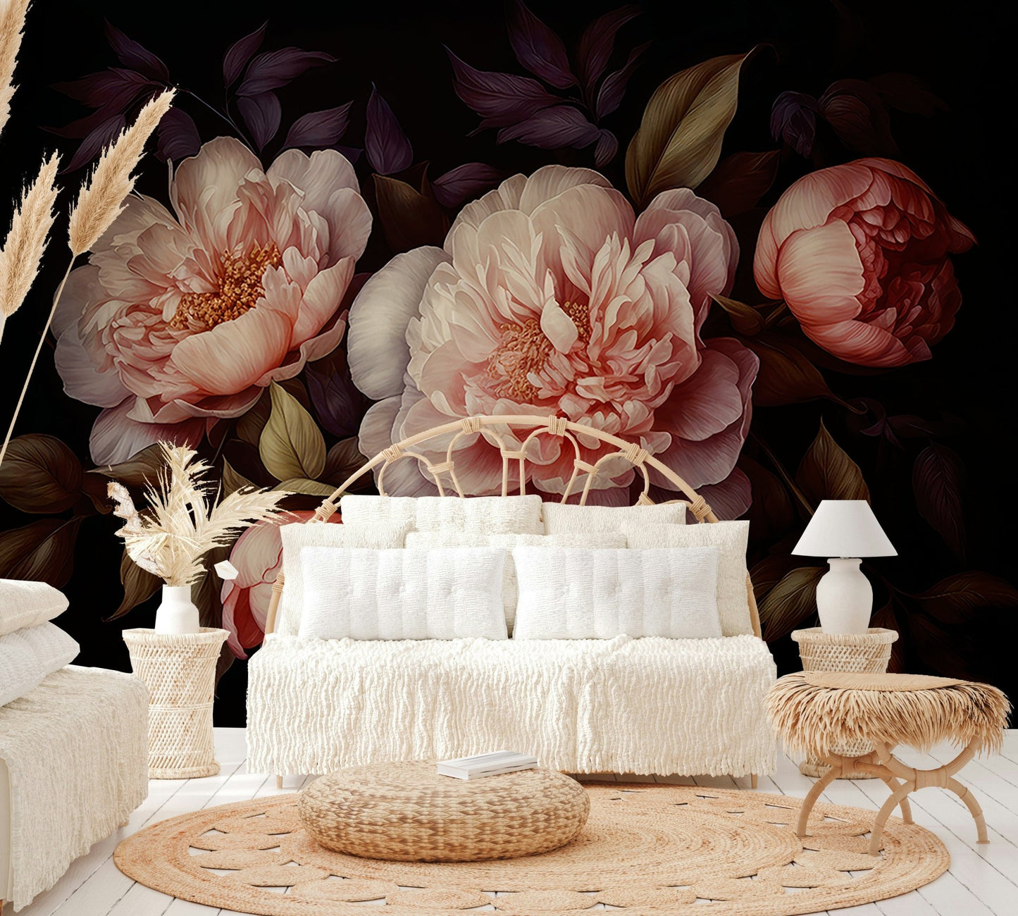 Dramatic glamour wall mural with grandmillennial florals.

