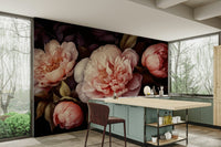 Grandmillennial wall mural featuring dark peonies florals.

