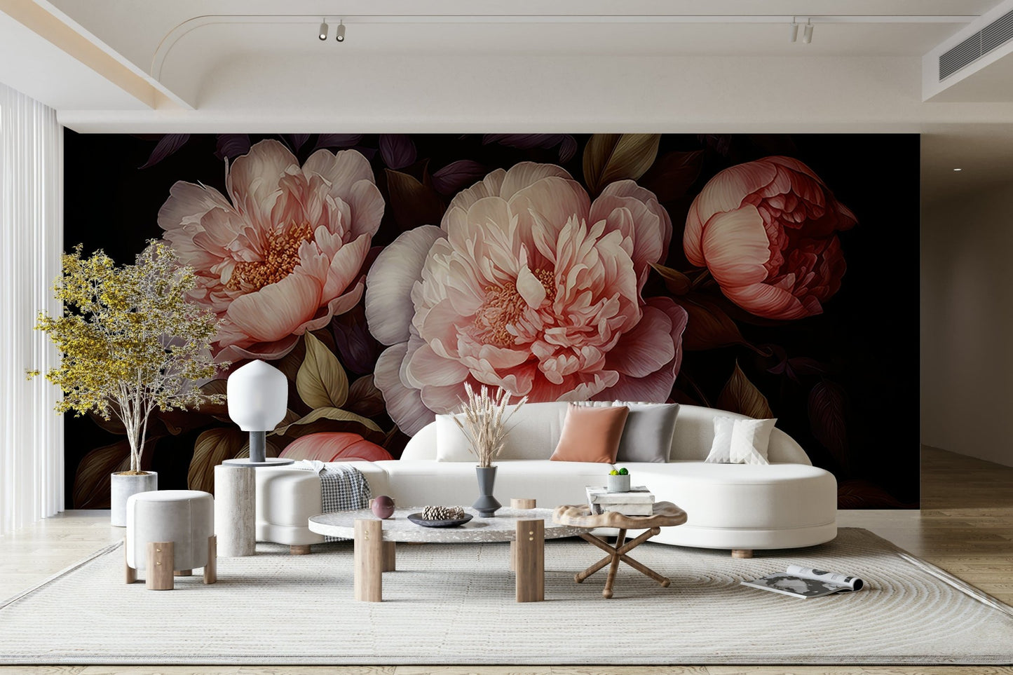 Vintage gothic peonies floral wall mural in dark tones.

