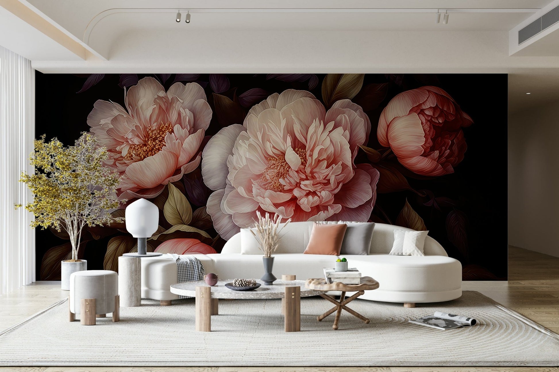 Vintage gothic peonies floral wall mural in dark tones.


