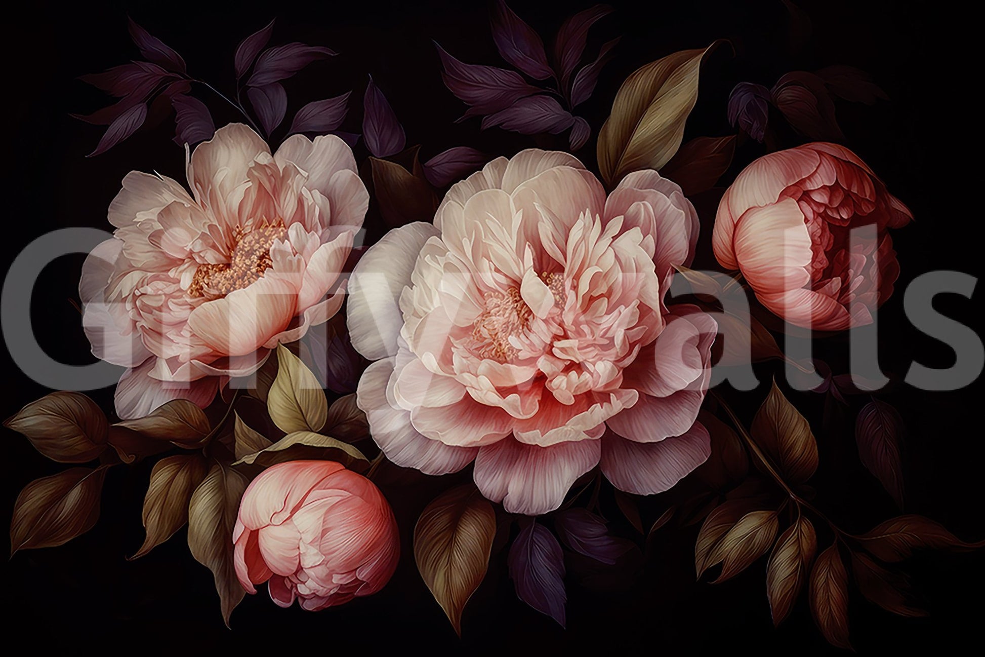 Dramatic gothic floral wall mural for luxurious spaces.

