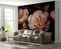 Grandmillennial dramatic glamour with gothic peonies mural.

