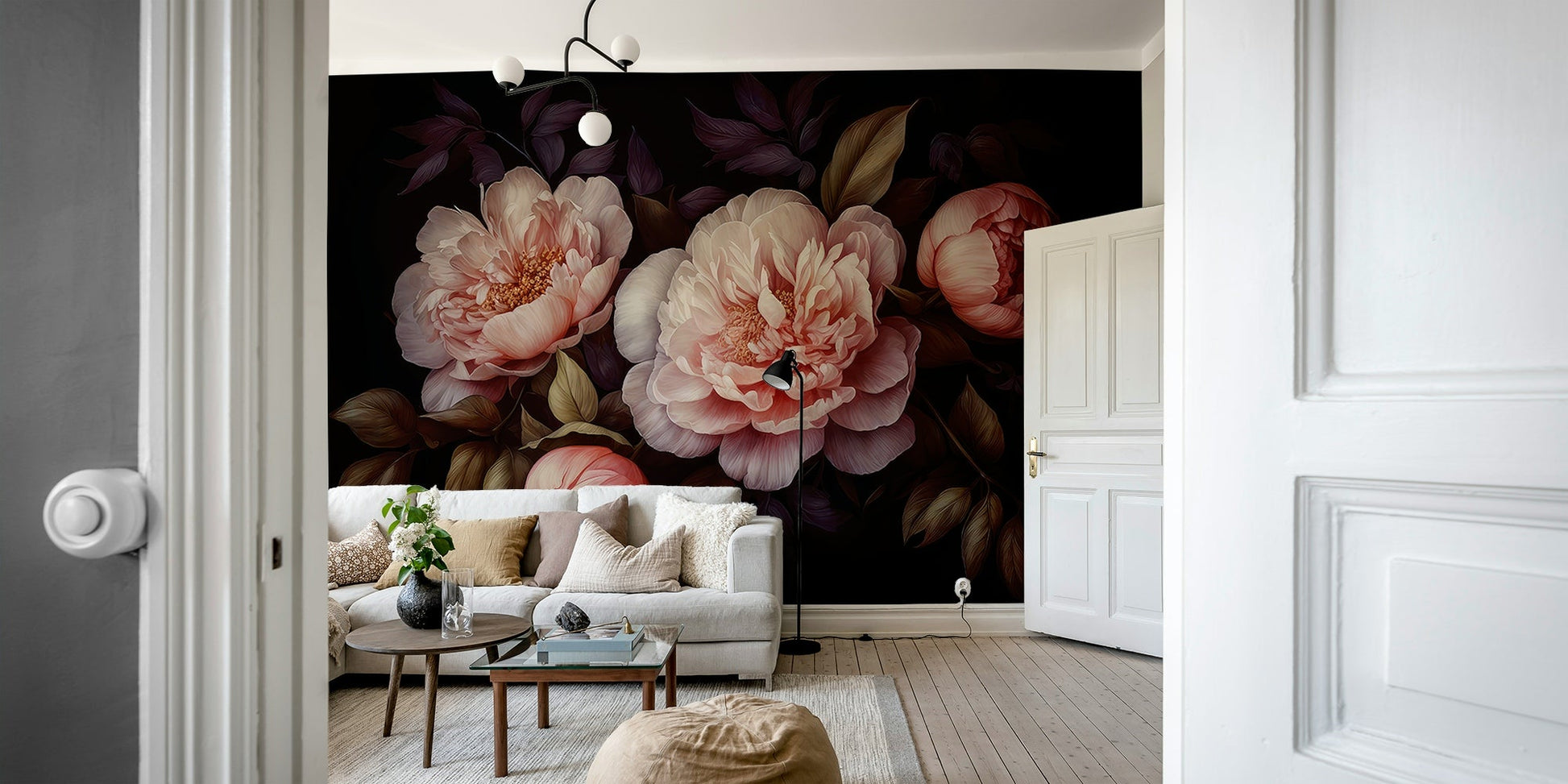 Rich dark peonies florals in a gothic wall mural style.

