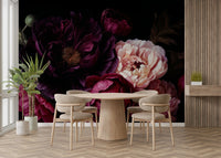 Dramatic glamour wall mural with peony florals

