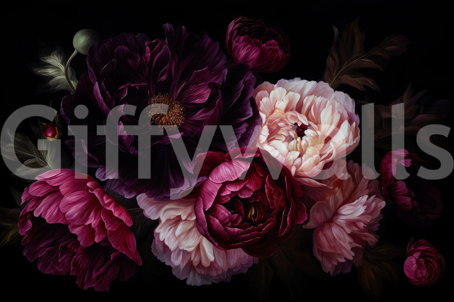 Dark floral mural featuring gothic peonies
