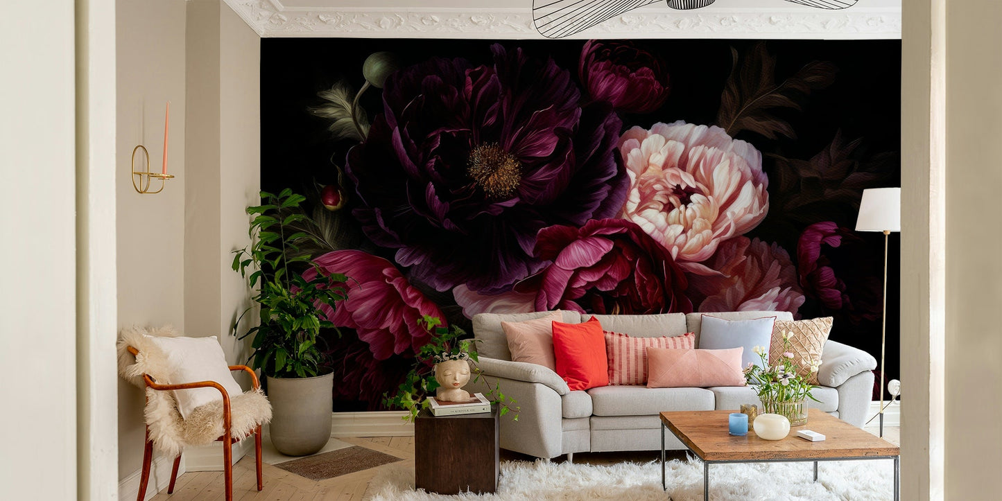Peony floral mural with grandmillennial glamour