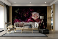 Dark peonies floral mural with gothic style

