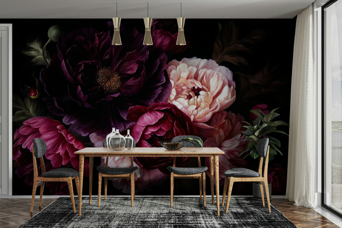 Heritage dark peonies floral wall mural design

