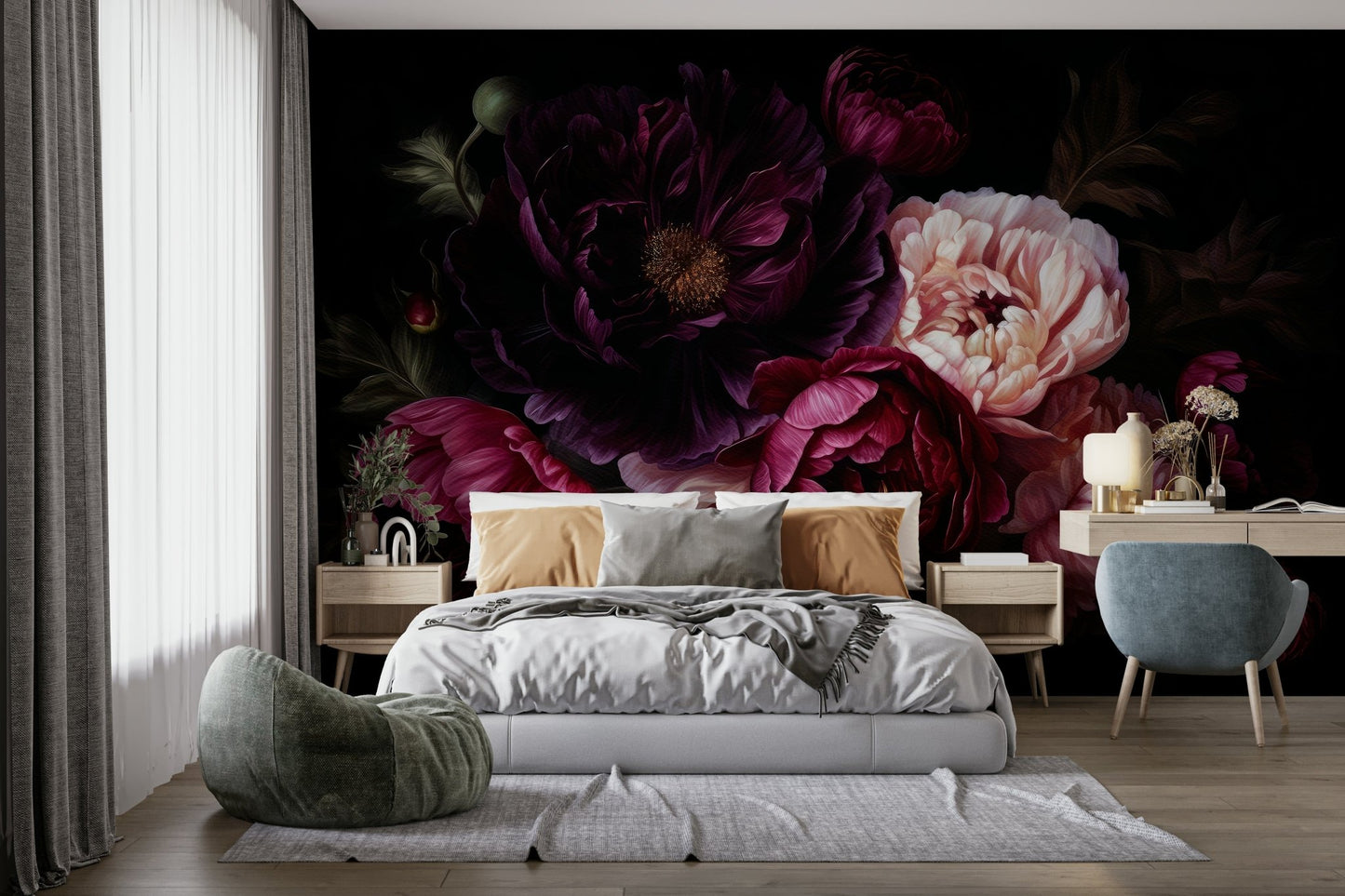 Dark peonies in dramatic grandmillennial mural

