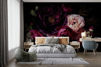 Dark peonies in dramatic grandmillennial mural

