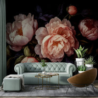 Gothic floral mural with peach tones and moody vibes.

