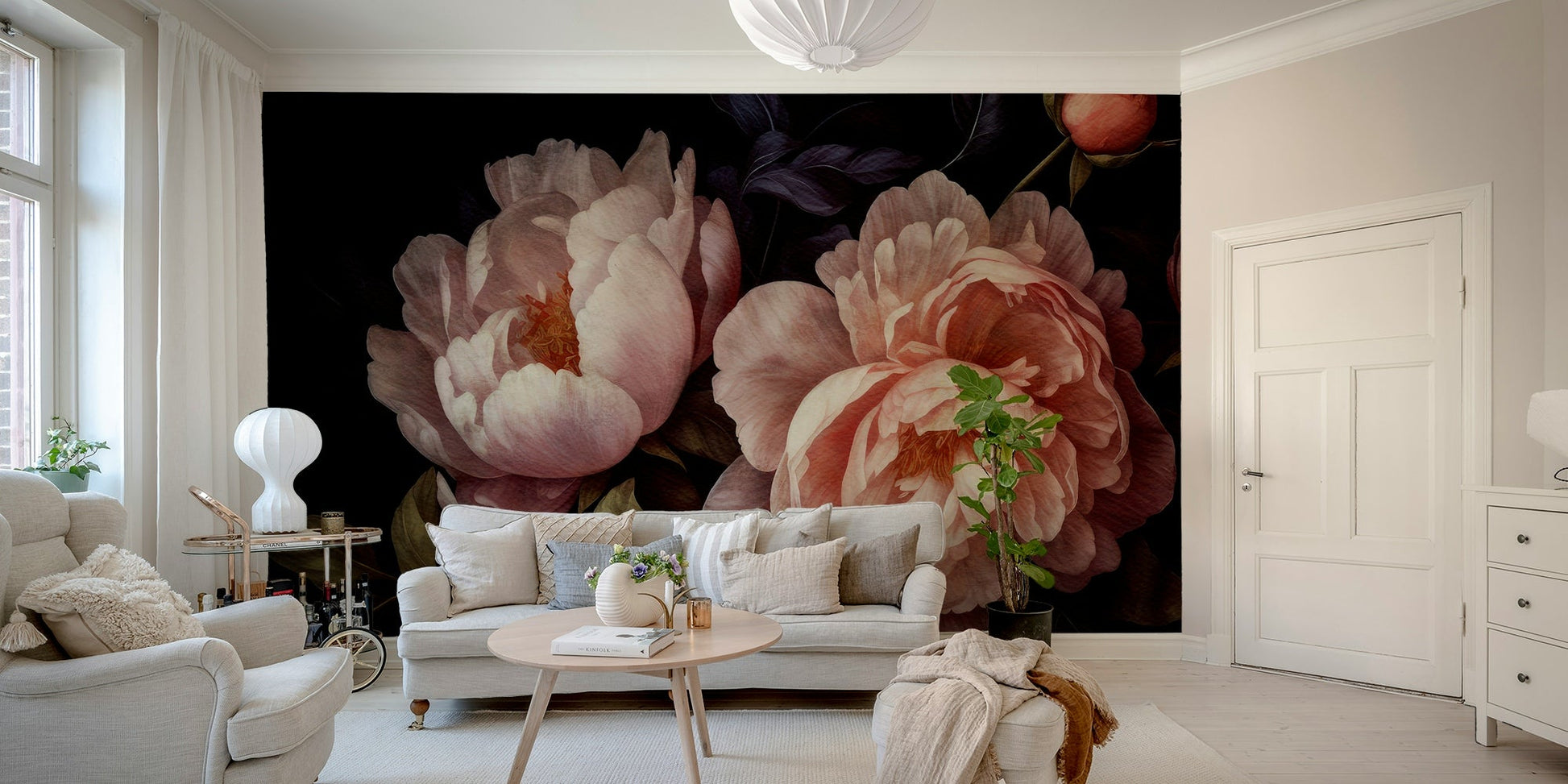 Grandmillennial style peach peonies on dark walls.

