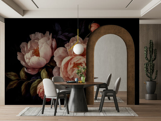 Grandmillennial glamour with gothic peach peonies.

