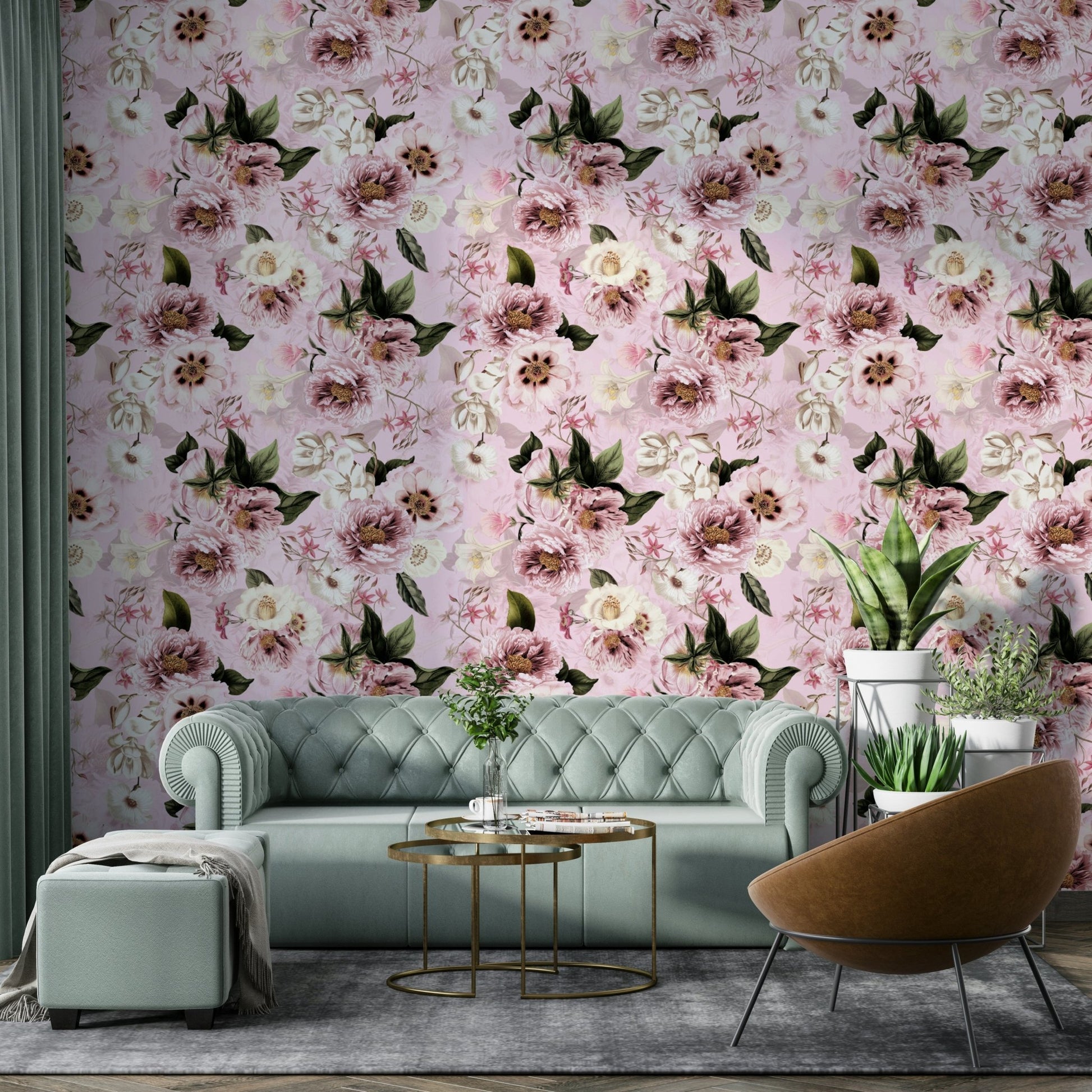Living room accent with heritage floral wallpaper

