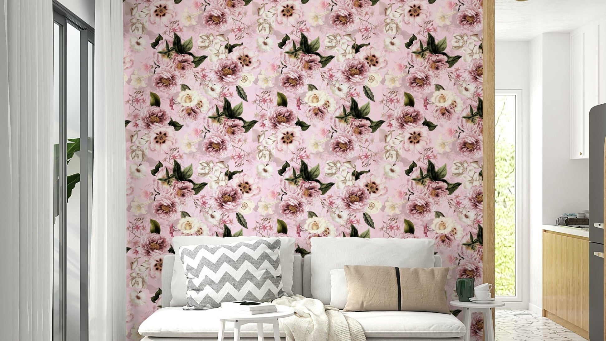 Grandmillennial Peonies Blush Florals wallpaper on wall

