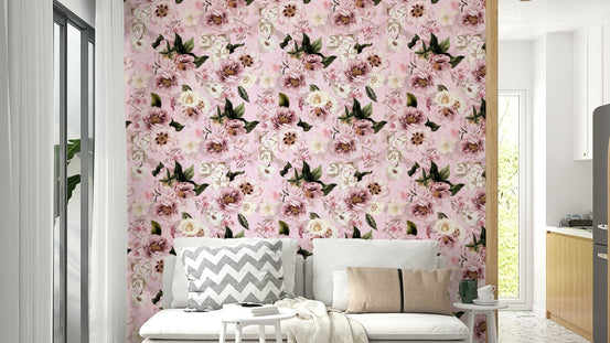 Grandmillennial Peonies Blush Florals wallpaper on wall, GD1142