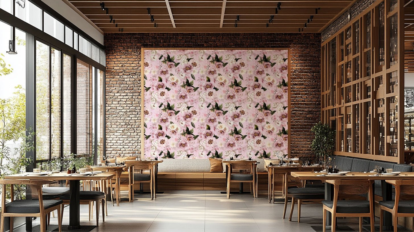 Feature wall with romantic peony wallpaper

