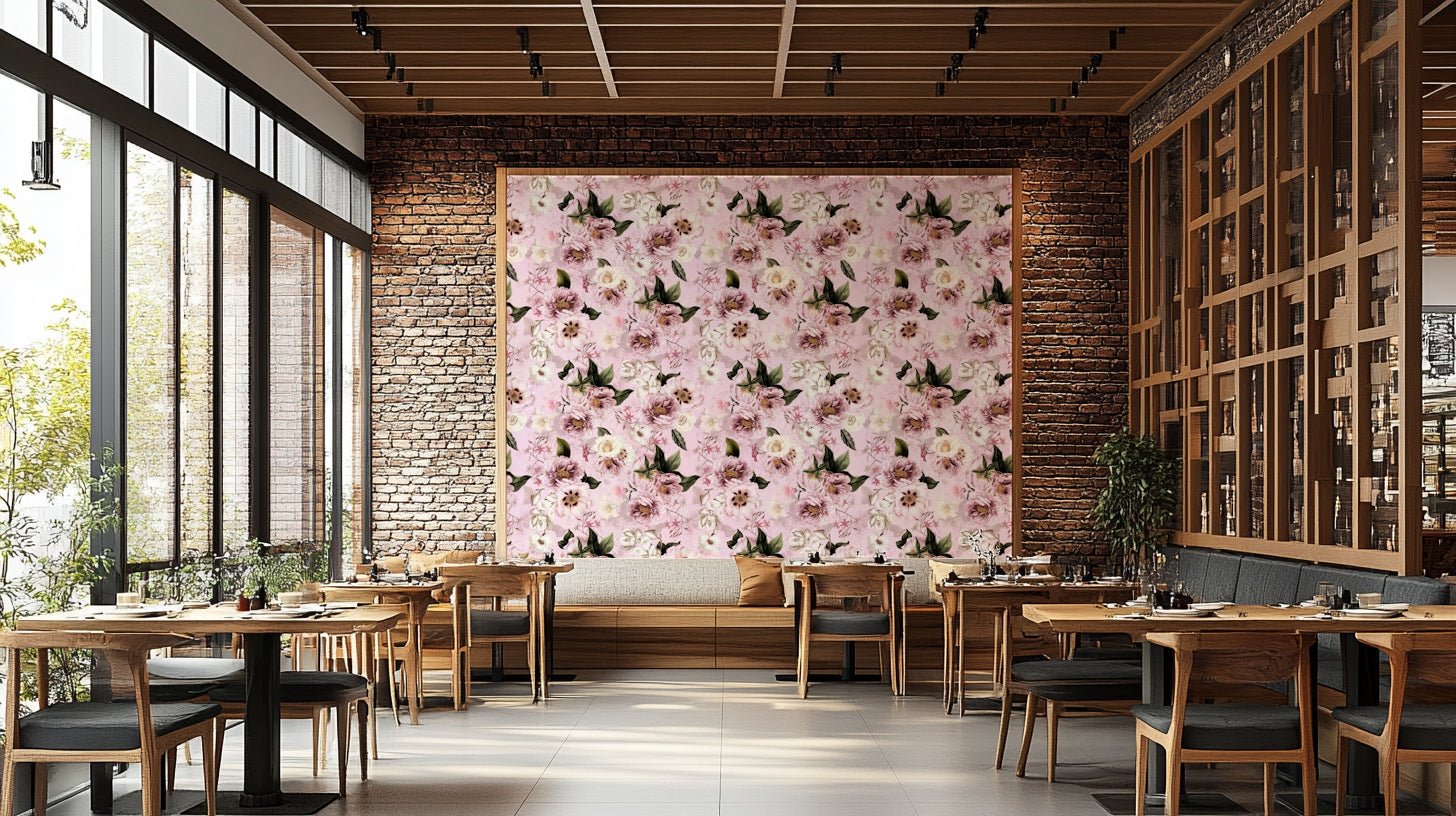 Feature wall with romantic peony wallpaper

