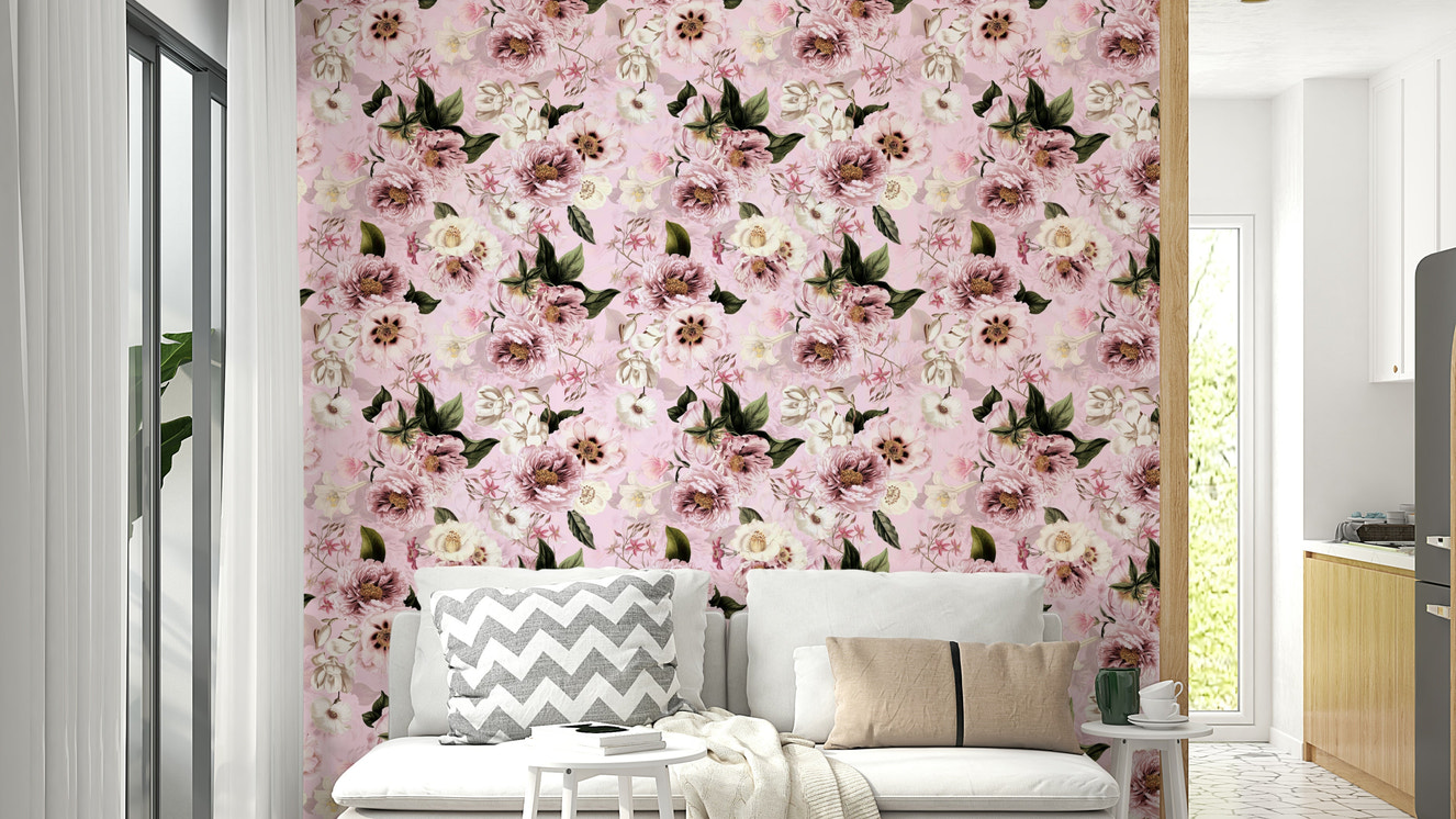 Grandmillennial Peonies Blush Florals wallpaper on wall

