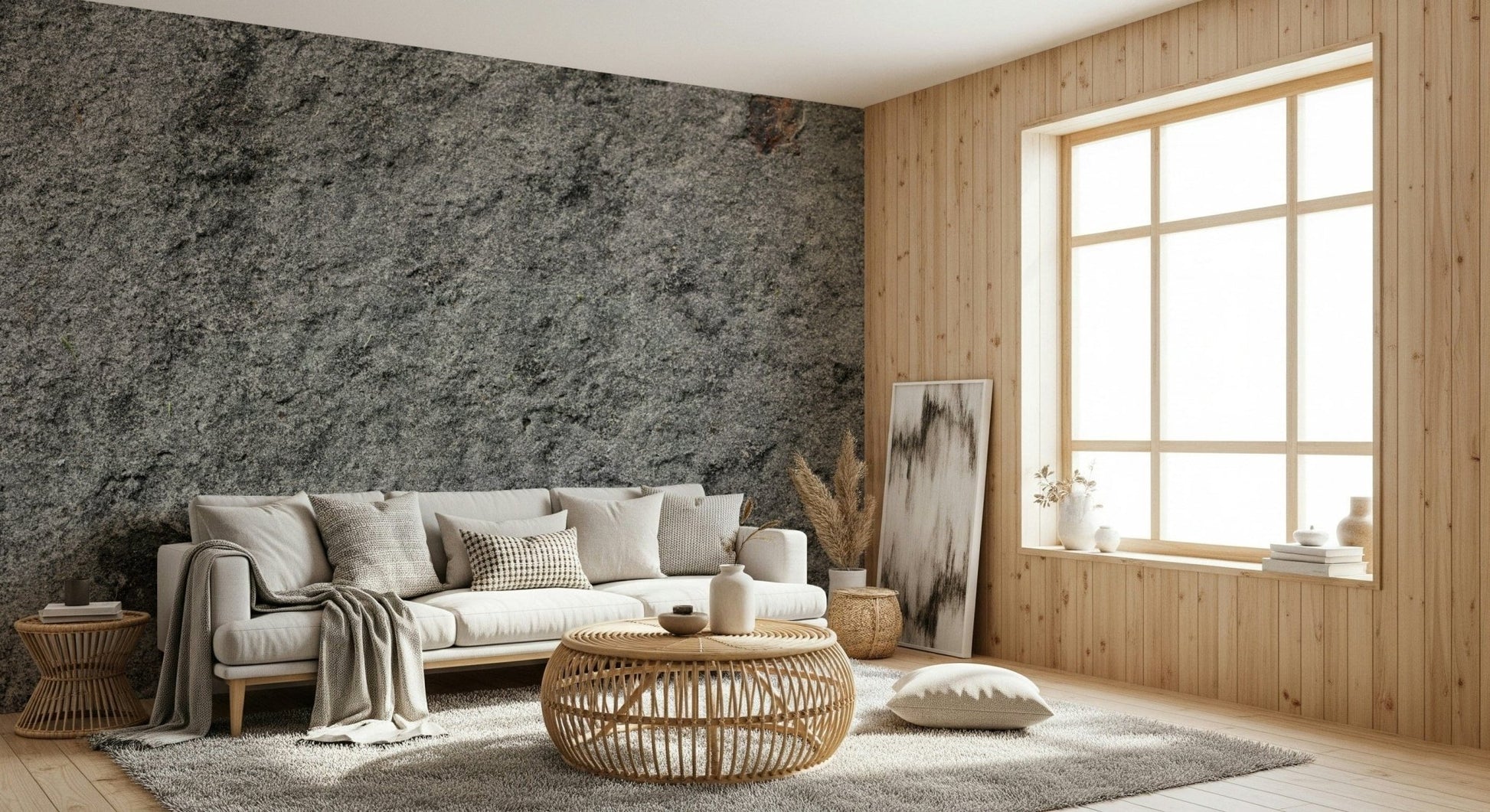 Designer interior with modern wallpaper mural.