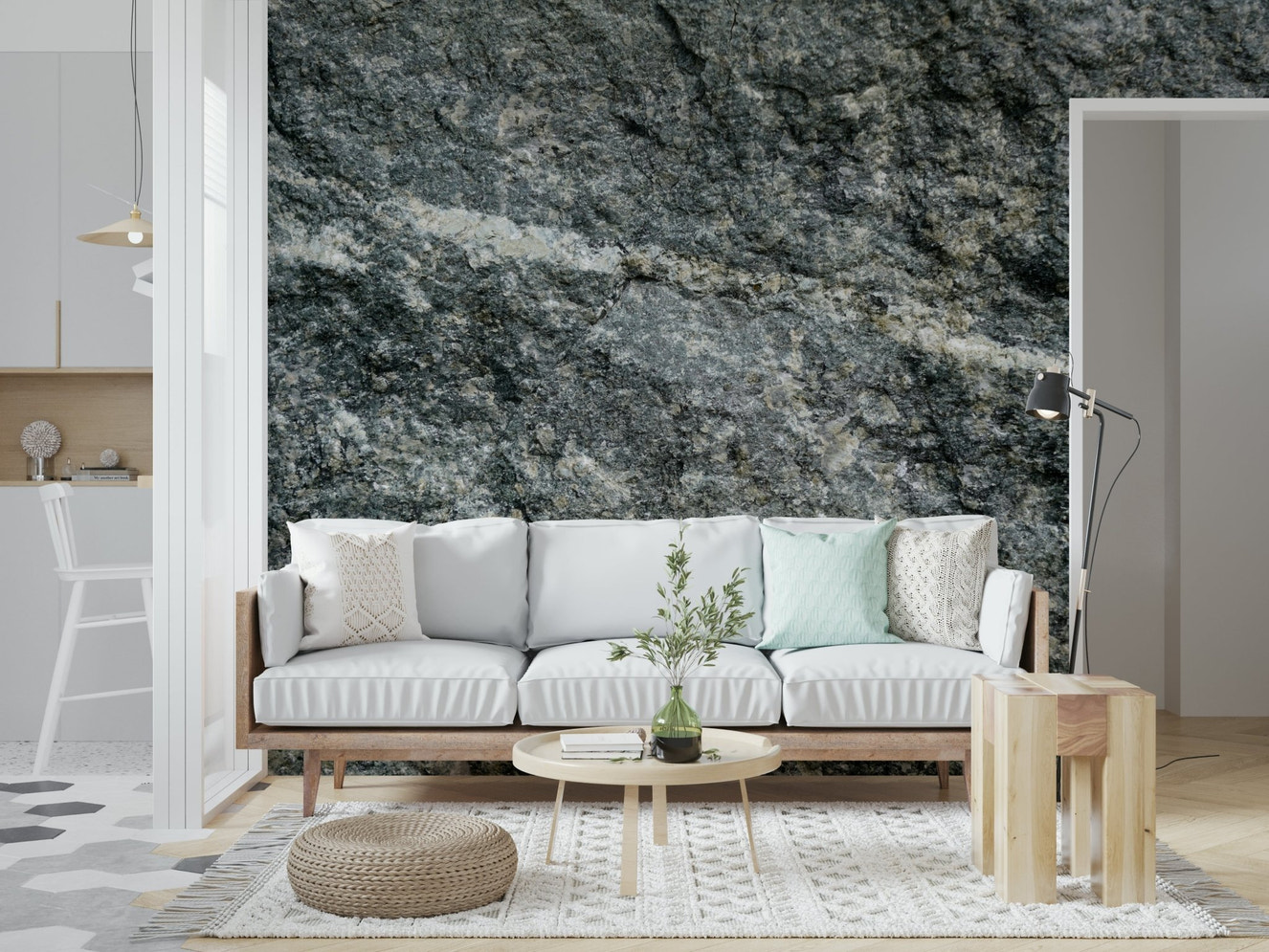 Granite grey wall mural in a modern living room.