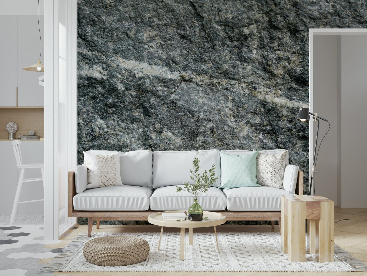 Granite grey wall mural in a modern living room.