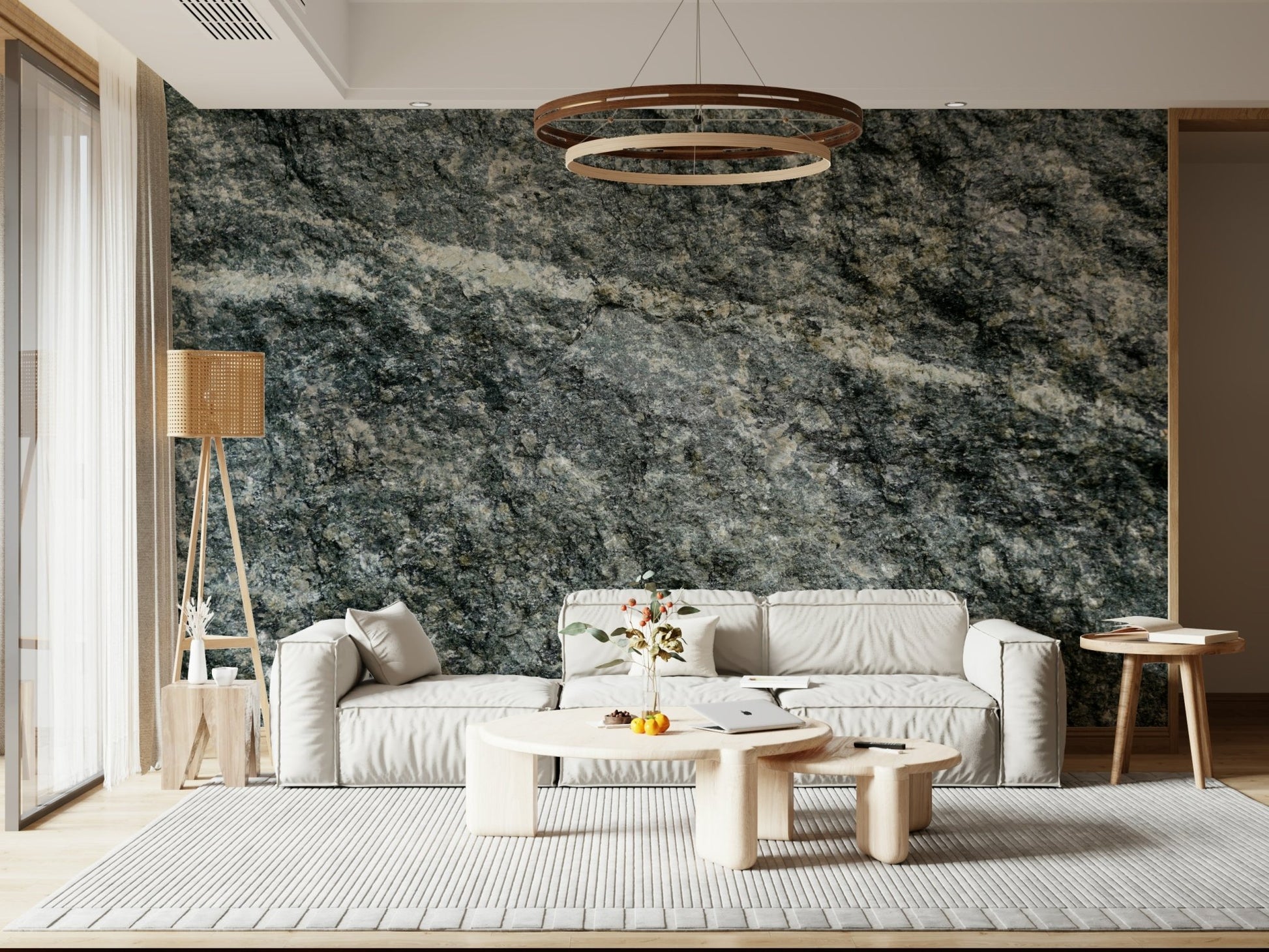 Granite grey wallpaper mural behind a minimalist sofa.