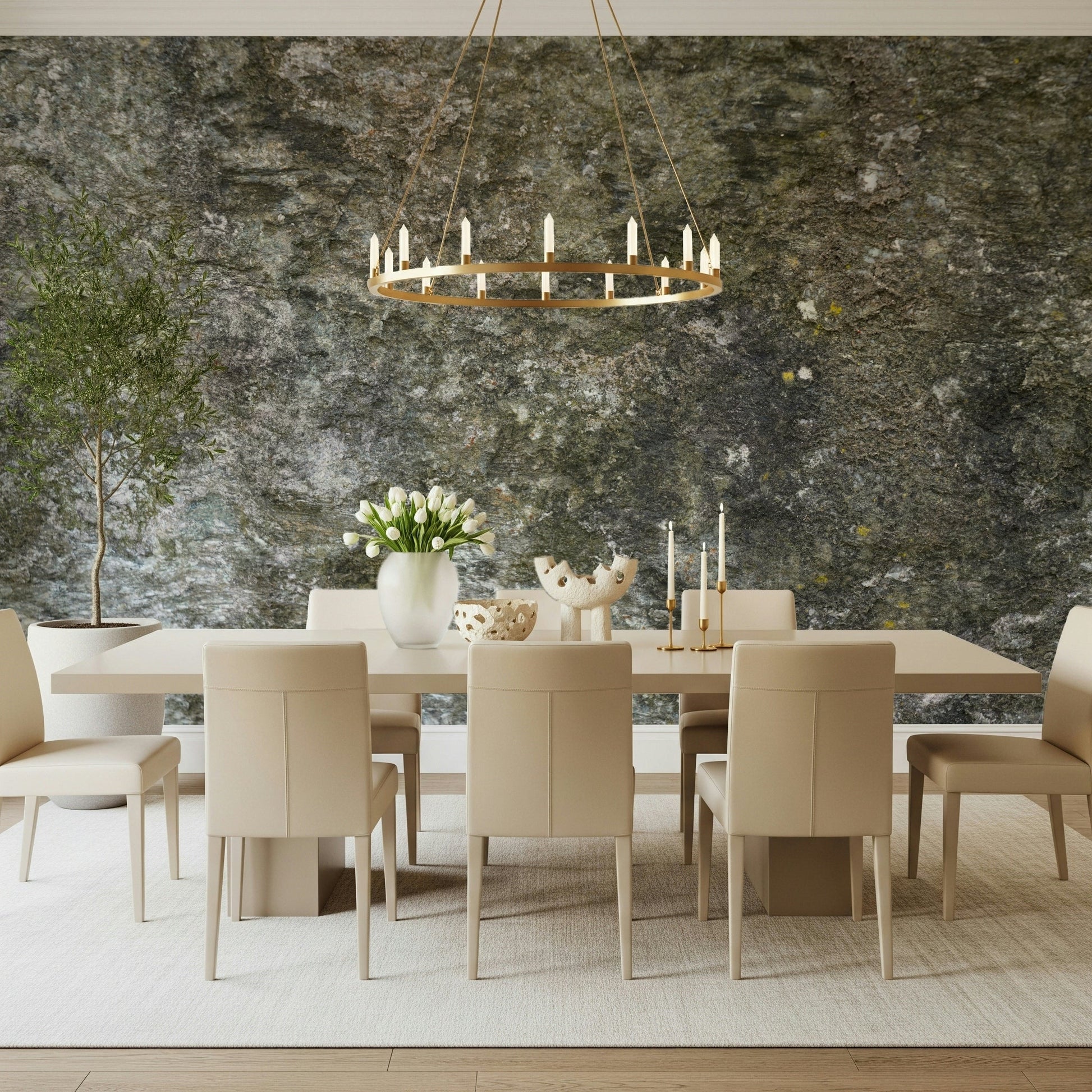 Minimalist office featuring a Granite Grit wall mural.