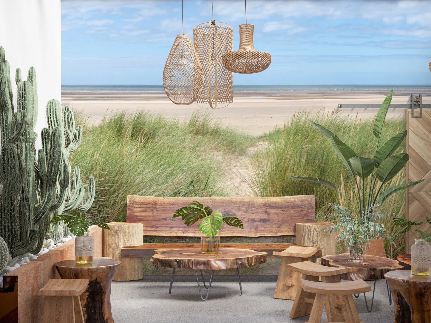 Grassland by the Sea Wall Mural paired with natural wood accents in a relaxed dining space