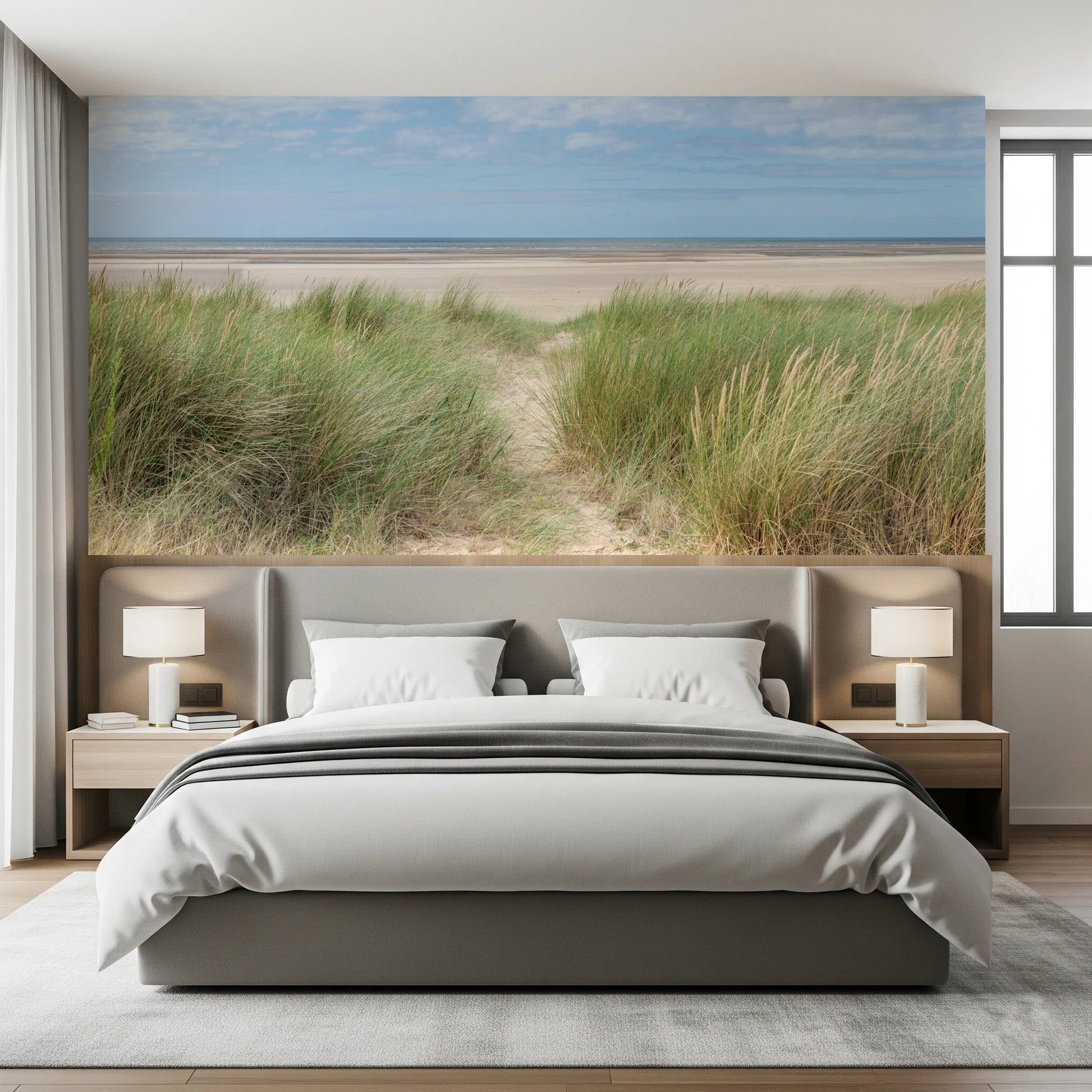Grassland by the Sea Wall Mural set behind a bed for a light and restful bedroom scene