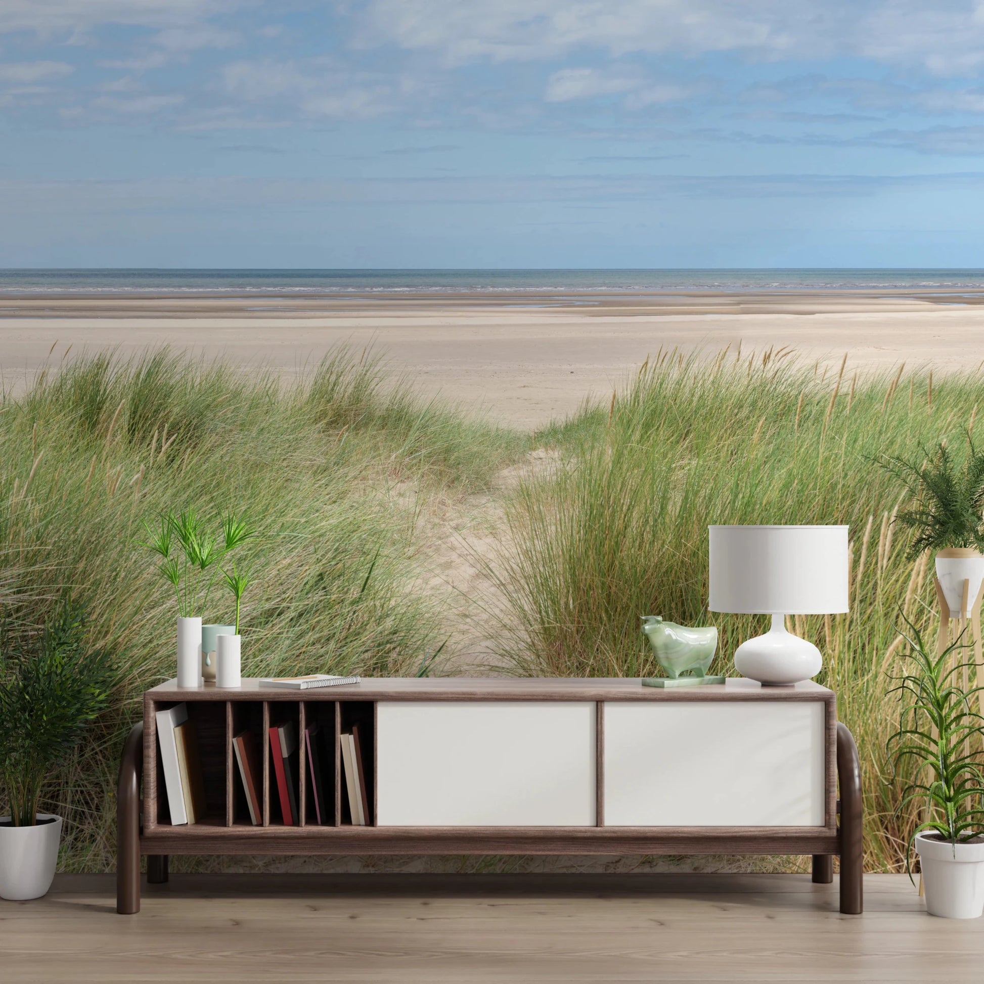 Grassland by the Sea Wall Mural displayed above a low console in a serene living space