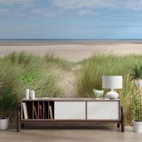 Grassland by the Sea Wall Mural displayed above a low console in a serene living space
