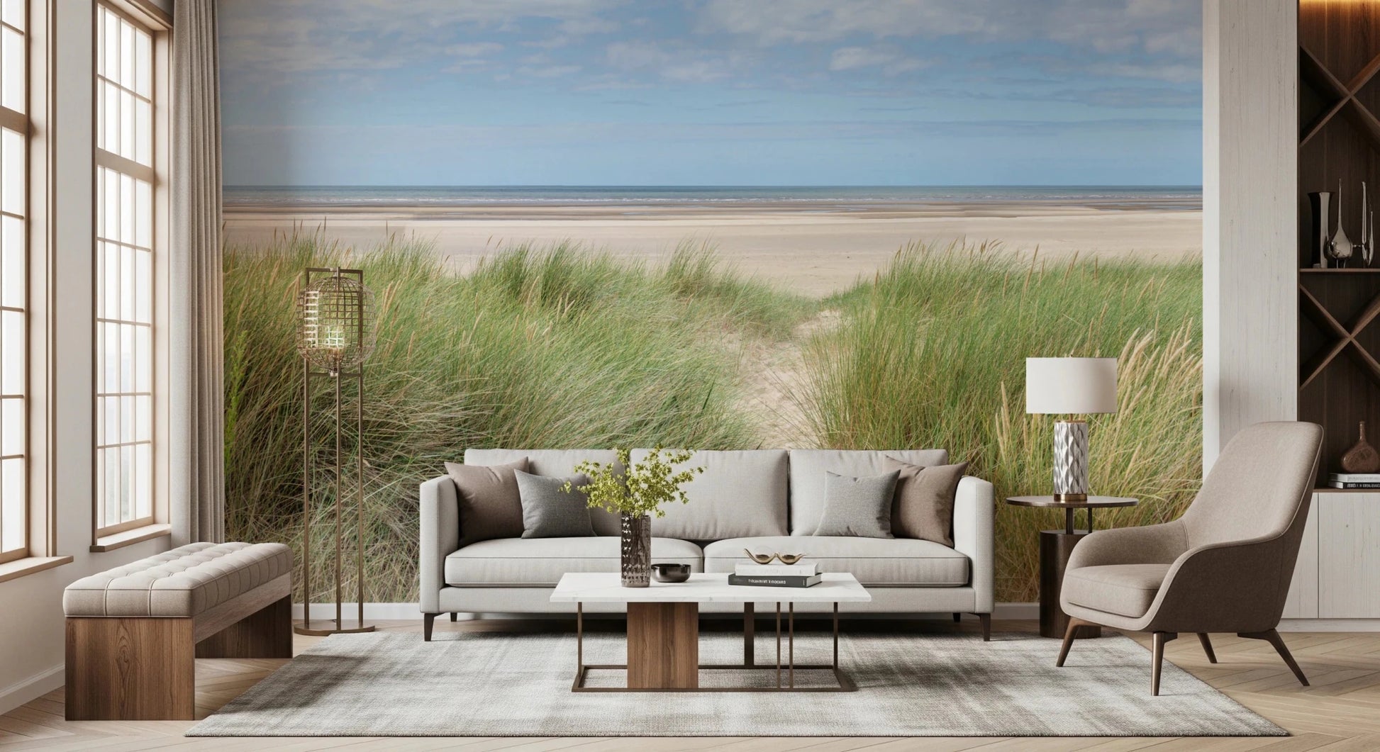 A bright sitting room finished with Grassland by the Sea Wall Mural and coastal grasses