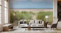 A bright sitting room finished with Grassland by the Sea Wall Mural and coastal grasses