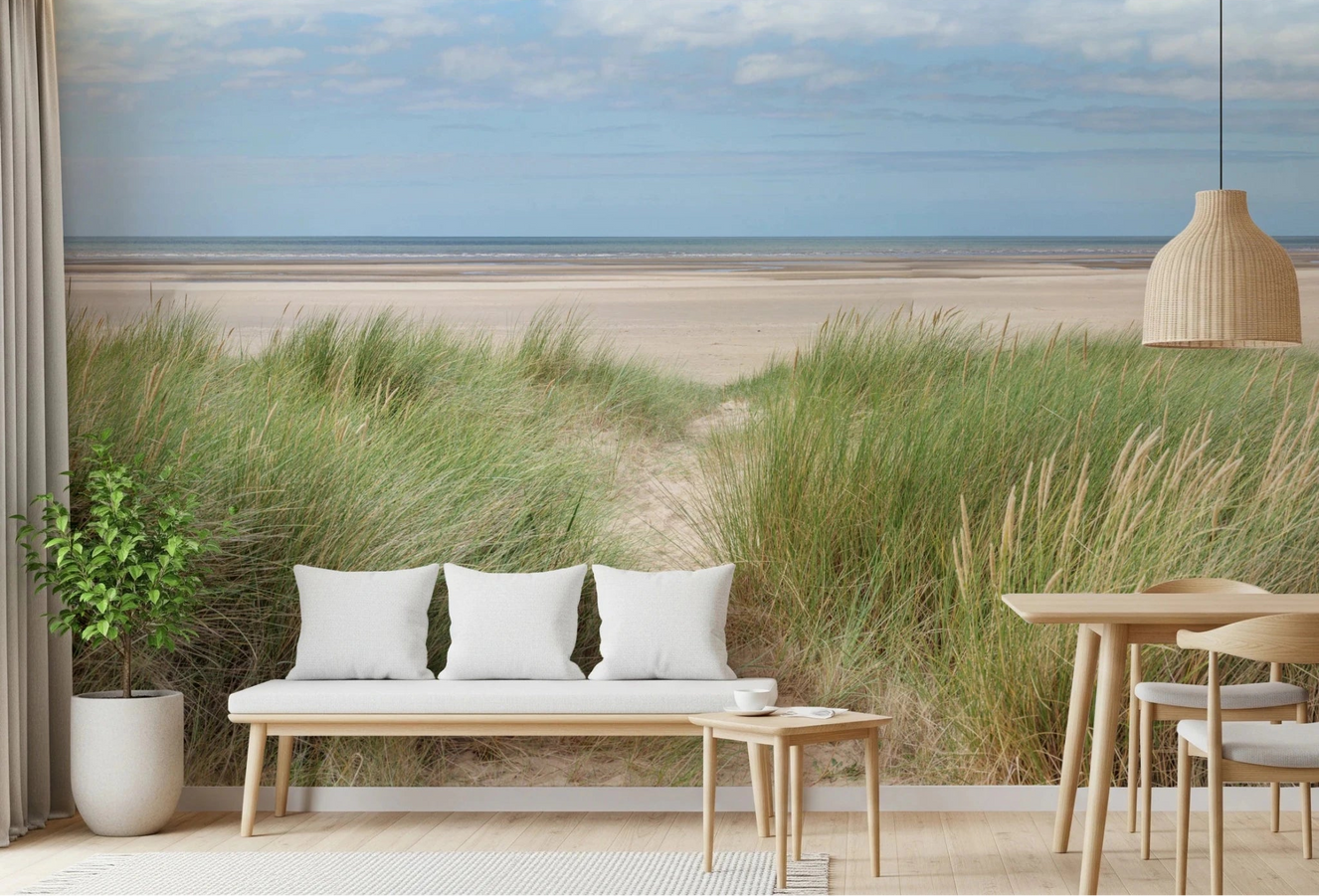 Grassland by the Sea Wall Mural styled behind a simple bench in a calm Dining nook