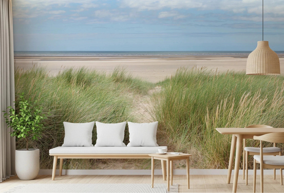 Grassland by the Sea Wall Mural styled behind a simple bench in a calm Dining nook, GD8869